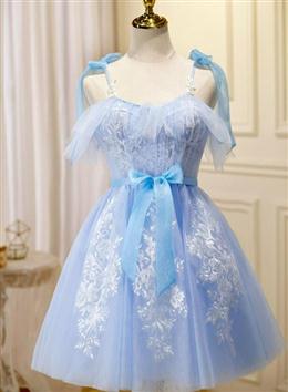 Picture of Light Blue Tulle with Lace Knee Length Party Dresses, Blue Homecoming Dress